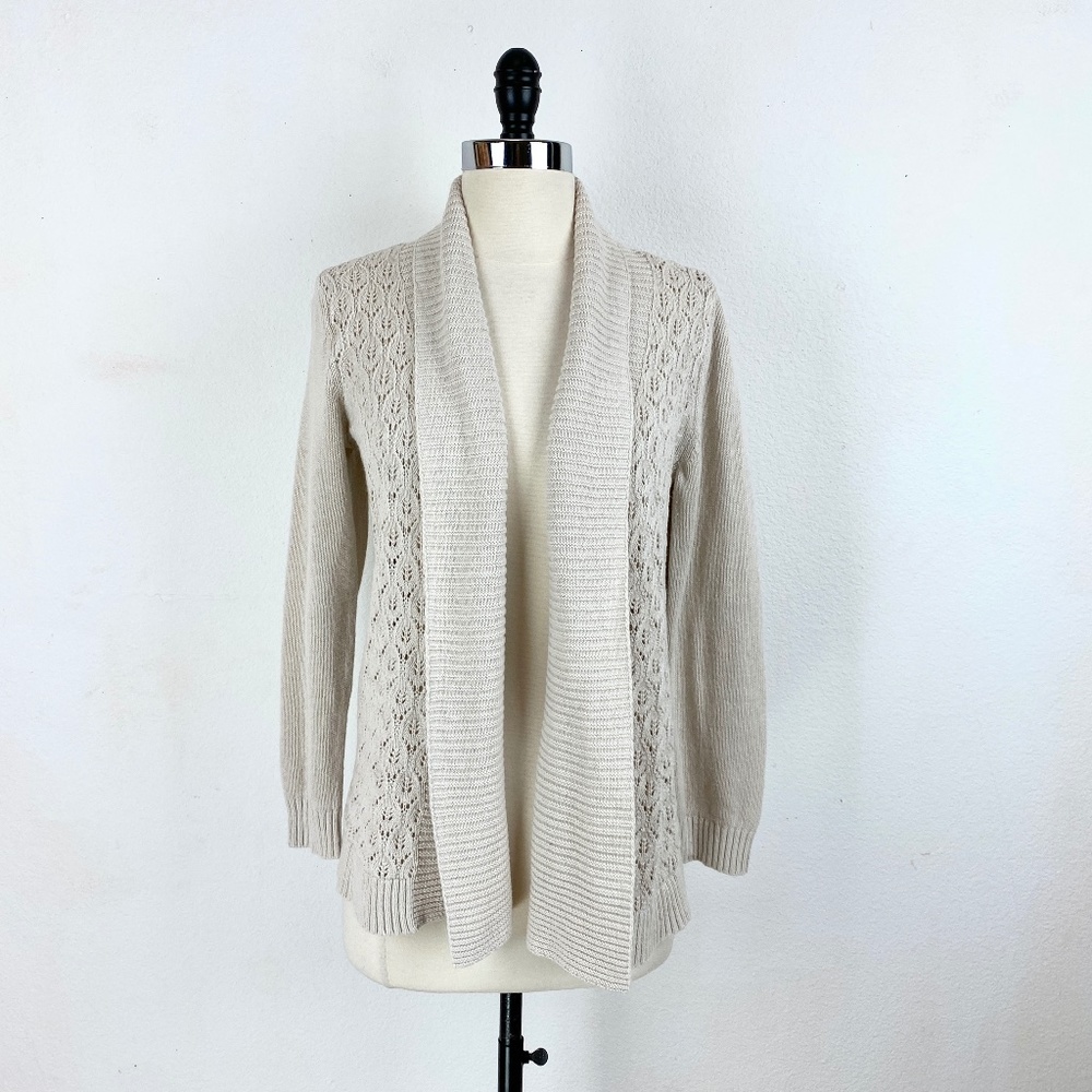 Eddie Bauer Knit Cardigan Oatmeal Linen Cotton Textured Rolled Collar Open Small